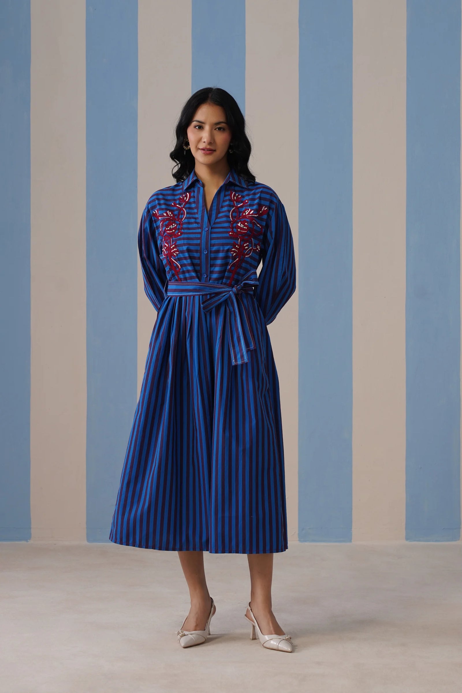 Amber Long Dress | Blue Stripe Dori Embroidered Dress