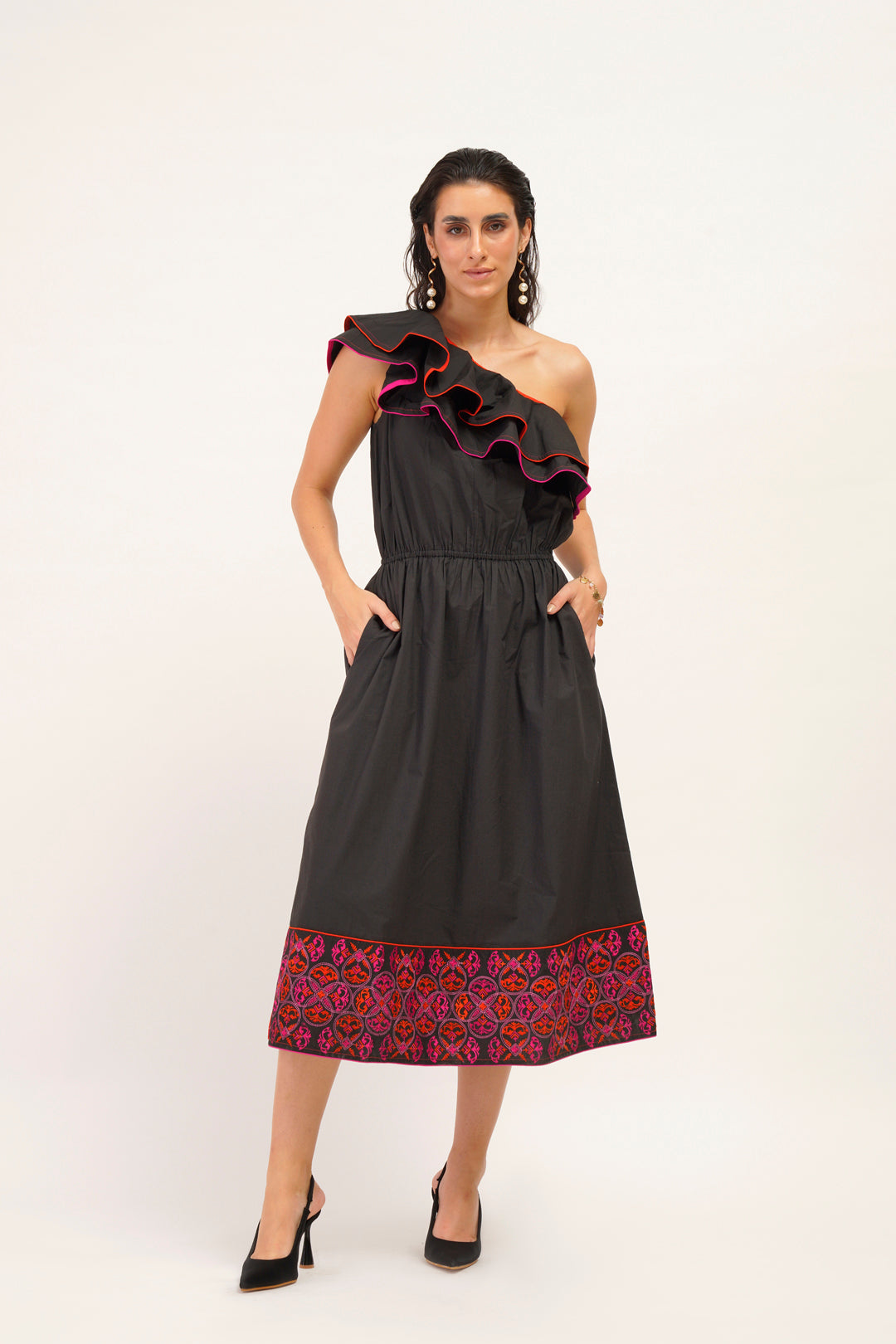 Fiona One Shoulder Embroidered Dress