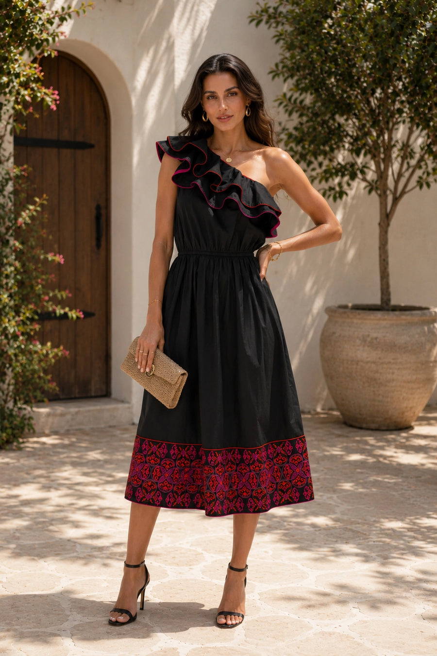 Fiona One Shoulder Embroidered Dress