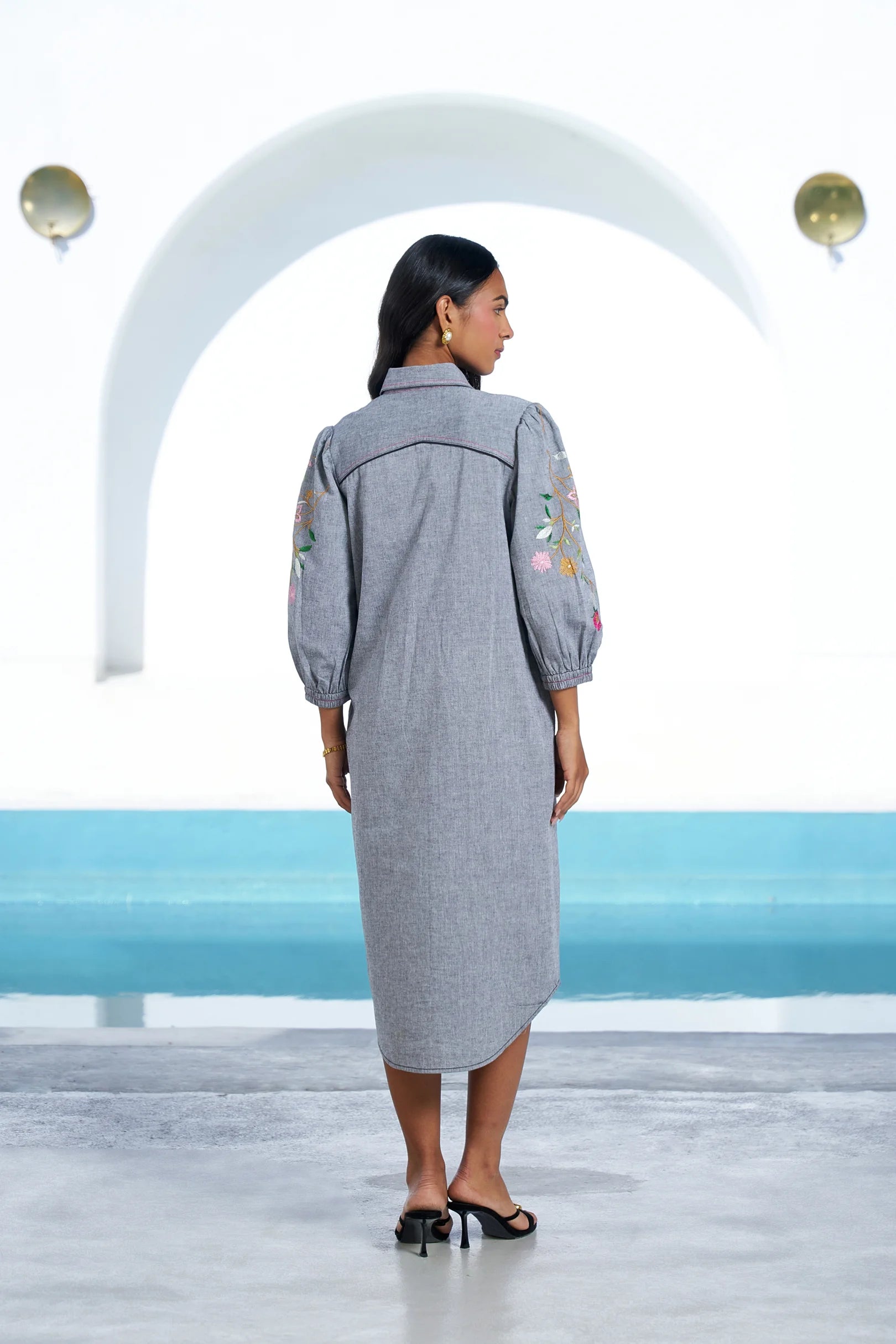 Nola Dress | Grey Chambray Embroidered Dress for Women